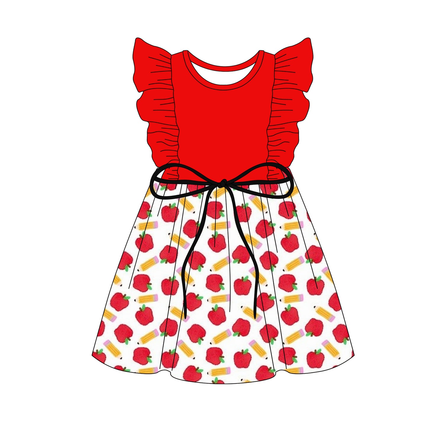 Preorder (moq 5)Baby Girls Red Flutter Sleeves Apple Pencils Knee Length Dresses Preorder