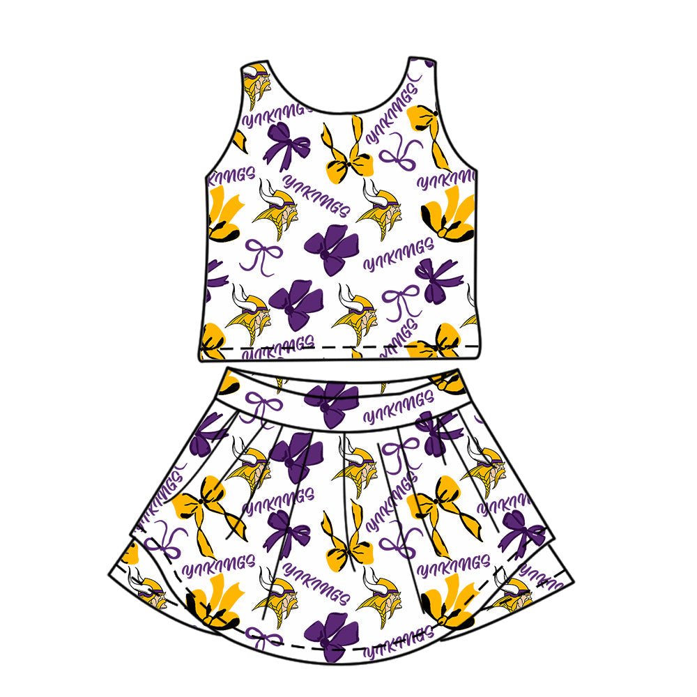 Preorder (moq 5)Baby Girls Sleeveless Bull King Bows Vest Top Skorts Team Set