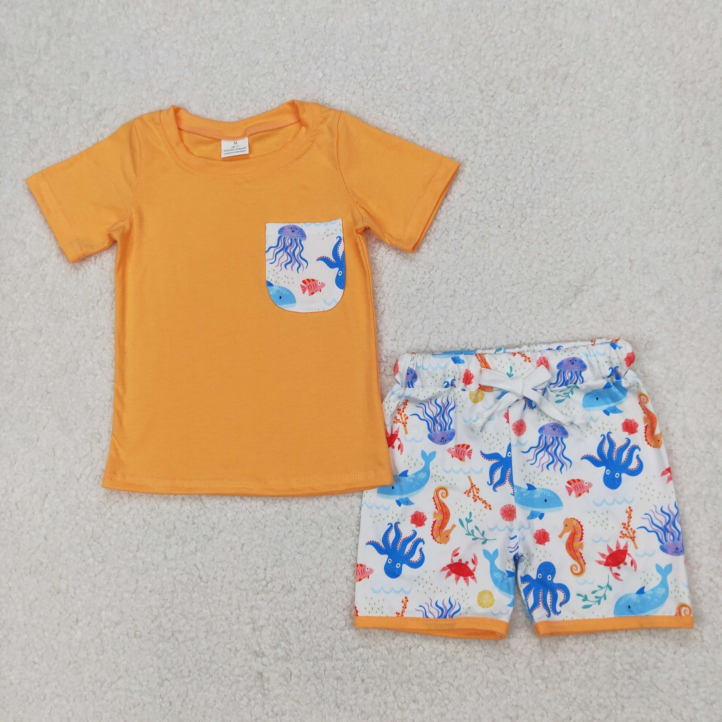 Sibling Baby Kids Orange Pocket Top Sea Animals Shorts Clothes Sets Knee Length Dresses