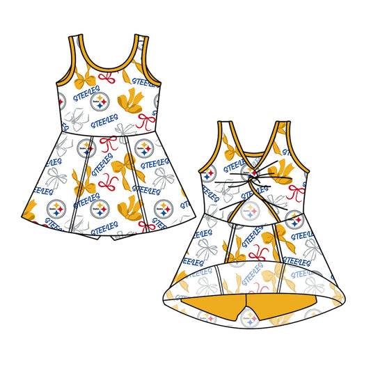 Preorder (moq 5)Baby Girls Sleeveless Bows Steelers Team Shorts Knee Length Dresses