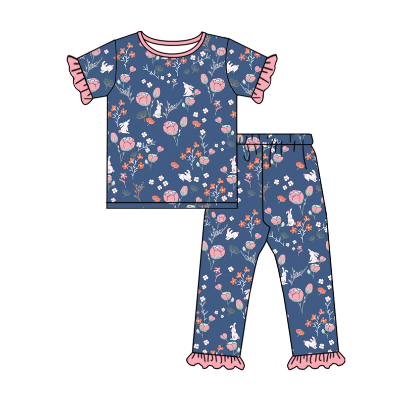 Baby Girls Kids Easter Rabbits Flowers Top Blue Pants Pajamas Clothing Sets preorder(MOQ 5)