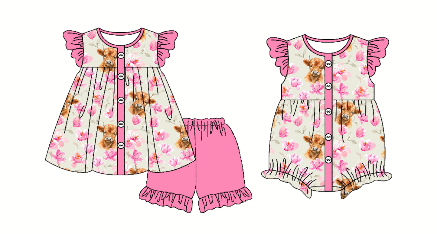 Preorder moq 5 Custom Baby Girls Pink Highland Cows Floral Button Tunic Ruffle Short Set Rompers