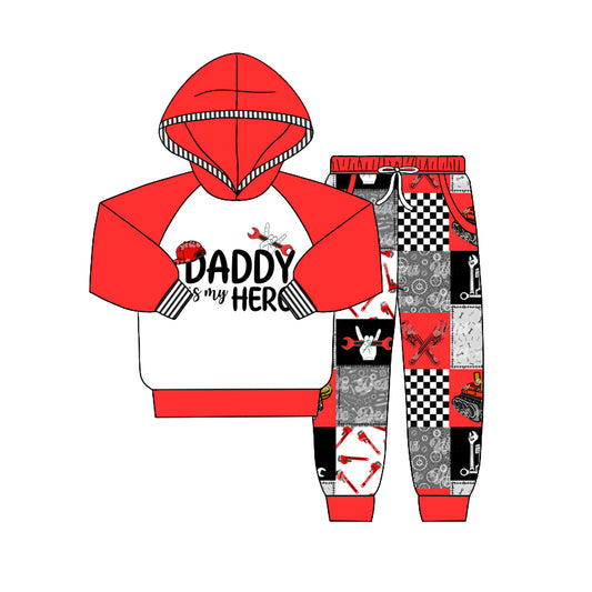 Baby Boys Red Daddy Hearo Hooded Top Pants Clothes Sets Preorder(moq 5)