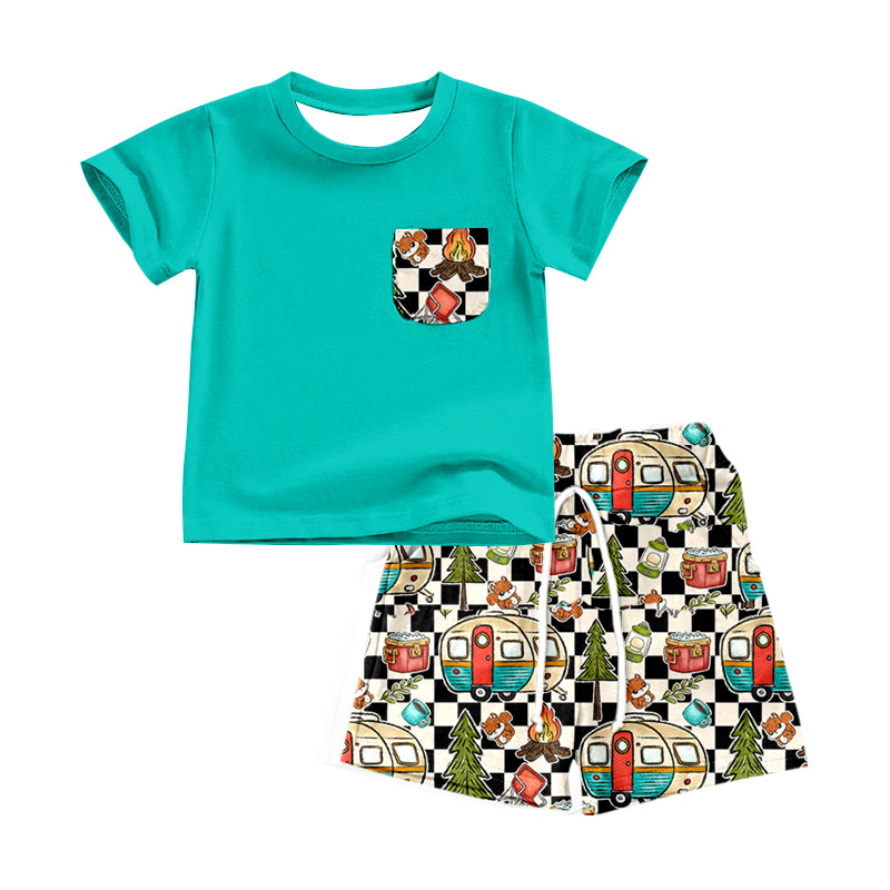 Baby Boys Green Short Sleeve Tee Top Camping Shorts Clothes Sets Preorder(moq 5)