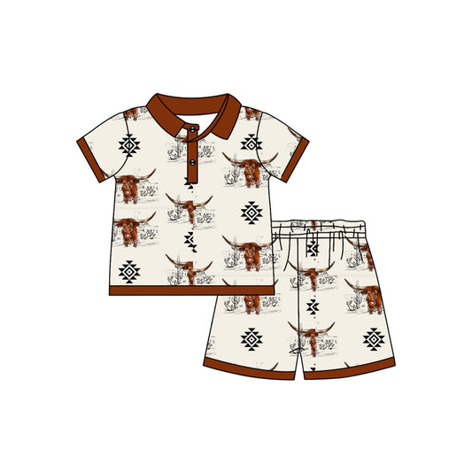 Preorder (moq 5)Baby Boys Western Cow Aztec Pullover Shirt Shorts Clothes Sets