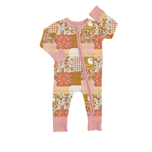 Baby Infant Girls Pink Flowers Western Patchwork Long Sleeve Zip Rompers preorder(moq 5)