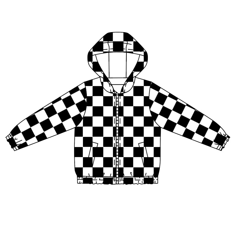 Baby Kids Black Checkered Zip Long Sleeve Hooded Tops Jackets preorder(moq 5)