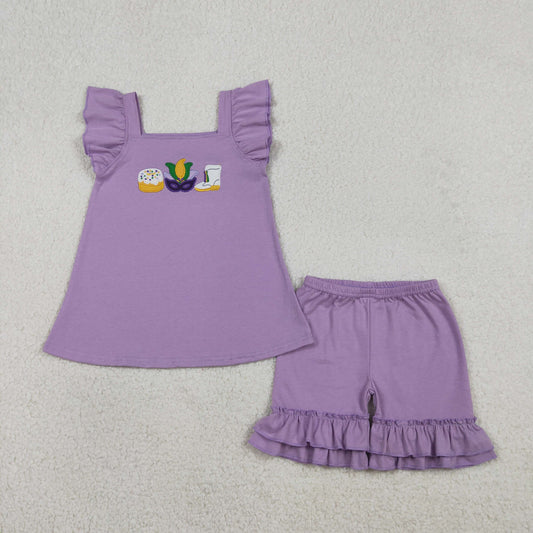 Embroidery Anchor Masks Donuts Baby Girls Tunic Ruffle Shorts Mardigras Clothes Sets