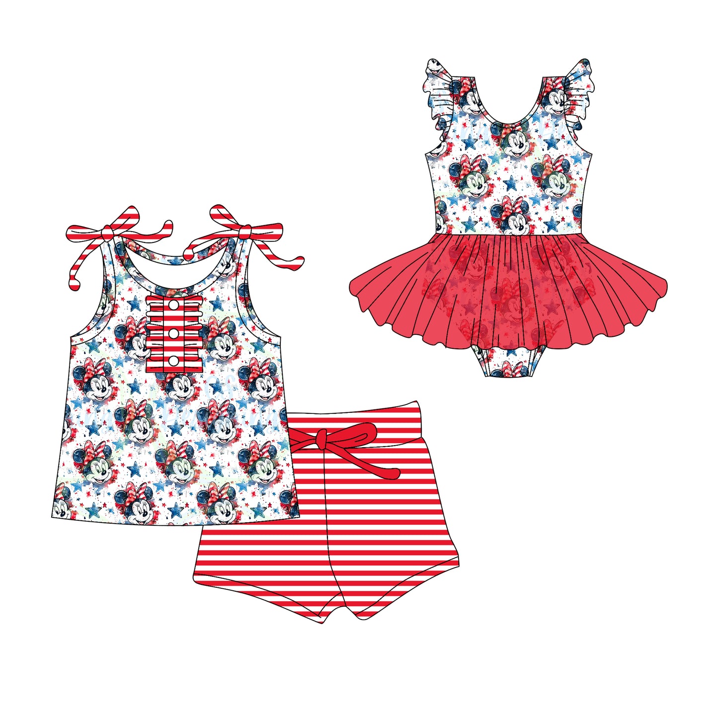Preorder moq 5 Custom Baby Girls Red Strap Blue Cartoon Stars Button Top Stripe Short 4th Of July Set Skort Bummise Romper