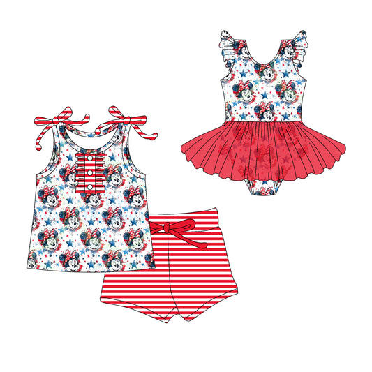 Preorder moq 5 Custom Baby Girls Red Strap Blue Cartoon Stars Button Top Stripe Short 4th Of July Set Skort Bummise Romper