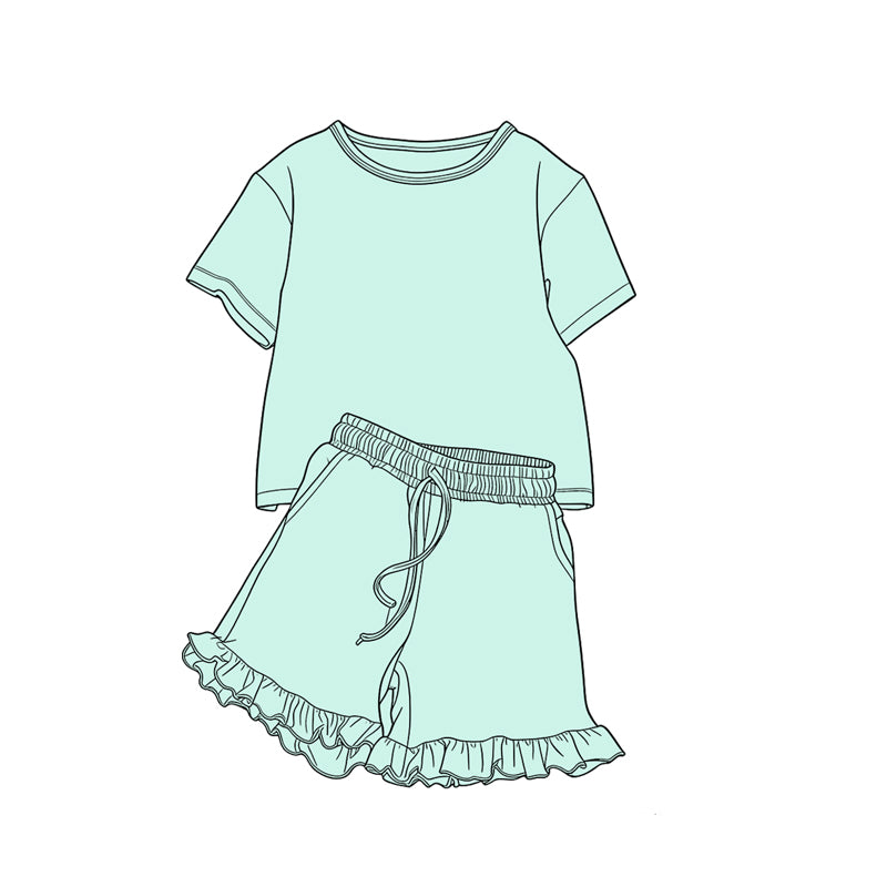 Preorder moq 5 Baby Girls Aqua Shirt Top Pockets Ruffle Shorts Clothes Set