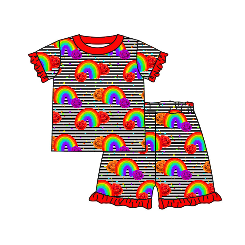 Baby Girls Rainbow Flowers Red Tee Top Shorts Pajamas Clothes Sets preorder(moq 5)