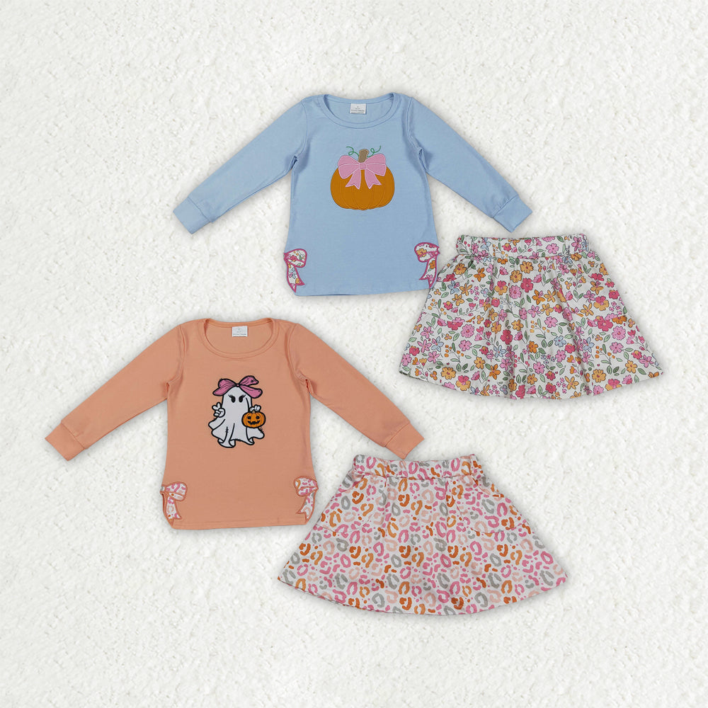 Sibling Embroidery Bows Ghosts Pumpkins Baby Girls Shirts Top Flowers Leopard Skorts Fall Clothes Sets