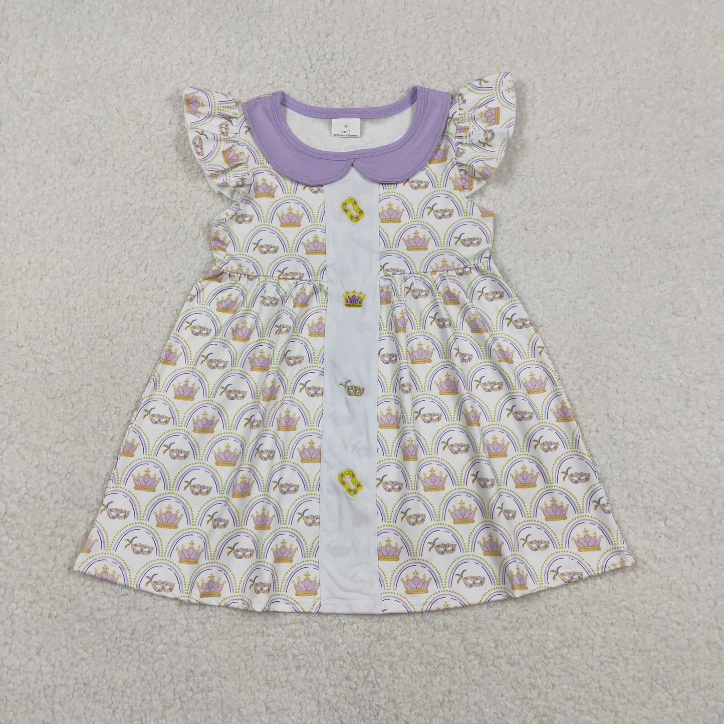 Embroidery Crowns Masks Baby Girls Mardigras Collar Checked Knee Length Dresses
