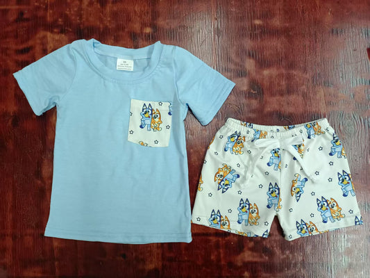 Preorder moq 5 Baby Boys Blue Short Sleeves Pocket Top Cartoon Dogs Stars Short Set