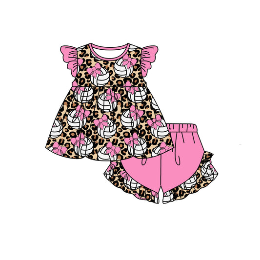Baby Girls Baseball Bow Leopard Tunic Top Ruffle Shorts Clothes Sets preorder(moq 5)
