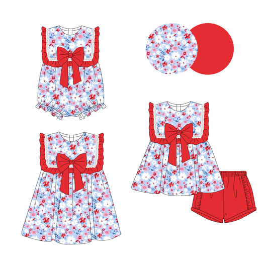 Preorder moq 5 Custom Baby Girls Red Sleeveless Floral Bow Tunic Ruffle Short Set Knee Length Dress Rompers