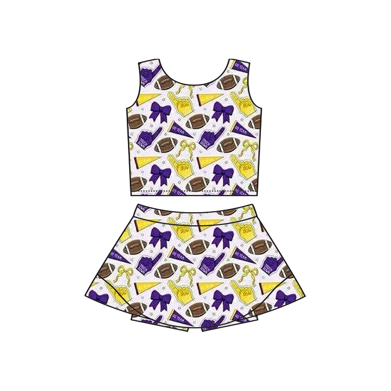 Preorder moq 5 Baby Girls Sleeveless Purple Yellow Football Cheer Vest Top Skorts Team Set