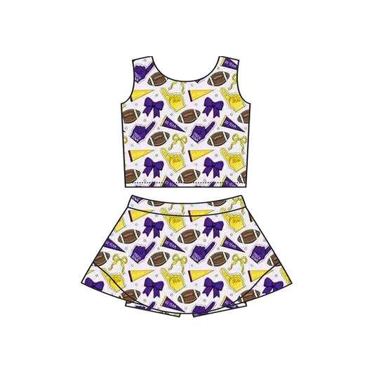 Preorder moq 5 Baby Girls Sleeveless Purple Yellow Football Cheer Vest Top Skorts Team Set