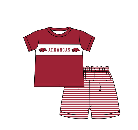 Preorder (moq 5)Baby Boys Red Short Sleeve Arkansas Top Stripe Shorts Team Clothes Sets