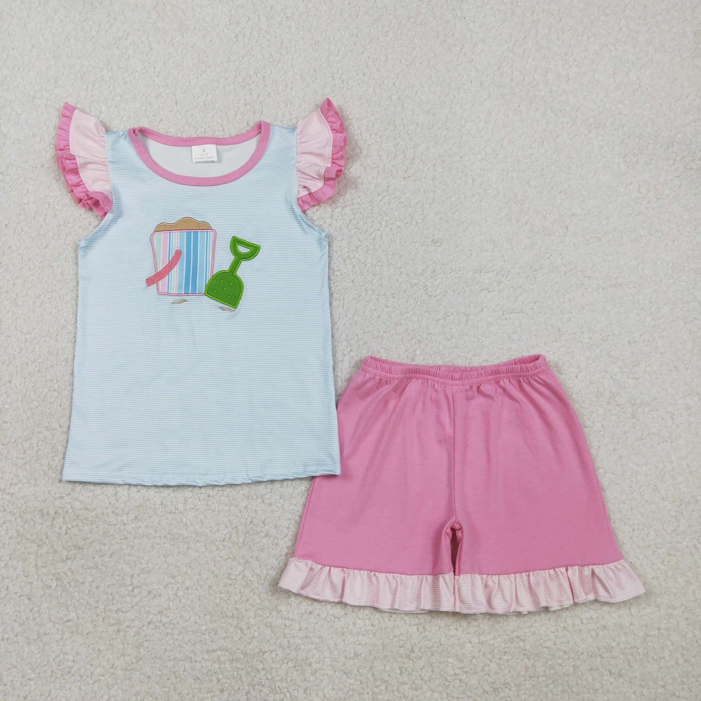Embroidery Beach Baby Girls Flutter Sleeve Top Ruffle Shorts Clothes Sets