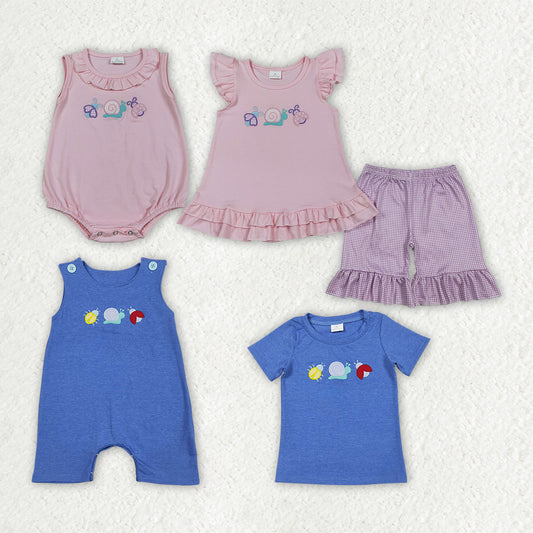 Sibling Baby Kids Embroidery Snails Ladybirds Top Shorts Clothes Set Ruffle Rompers