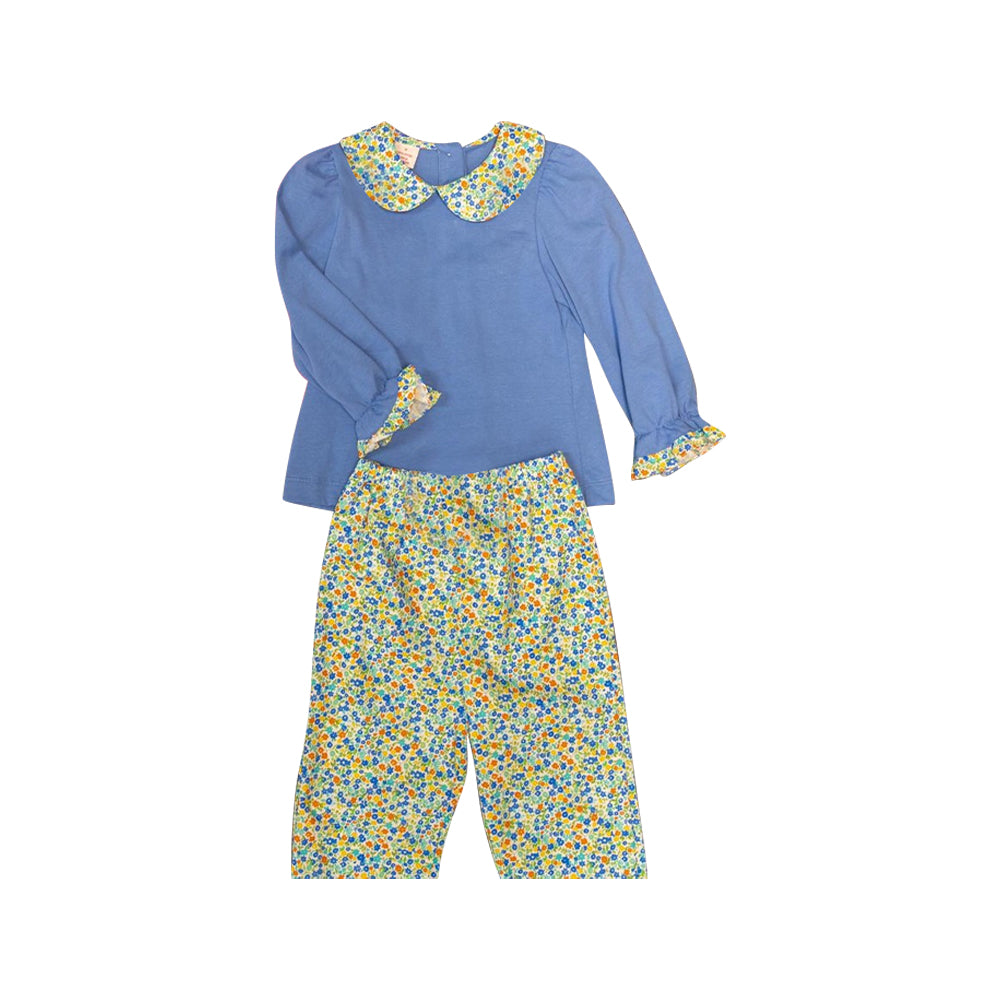 Baby Girls Blue Collar Top Small Floral Pants Clothes Sets Preorder