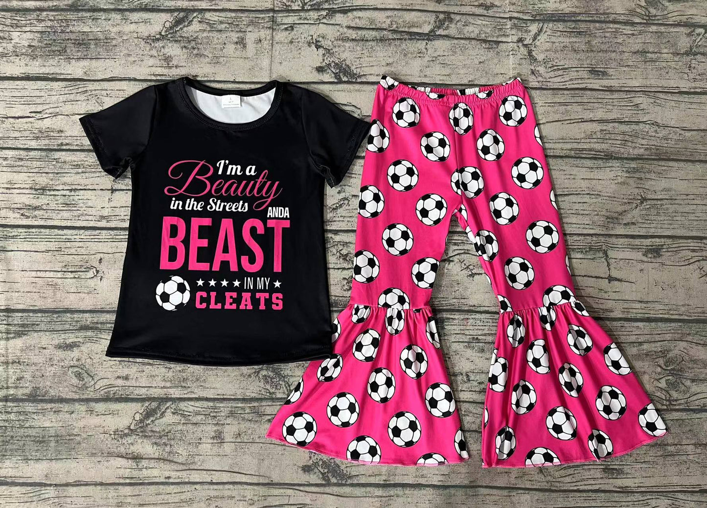 Baby Girls Black Soccer Tee Shirt Top Pink Bell Pants Clothes Sets