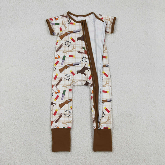 Baby Boys Khaki Checked Dogs Ducks Hunting Two Way Zip Convertible Rompers