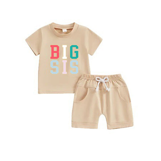 Baby Girls Big Sis Khaki Shirt Shorts Summer Clothing Sets Preorder(moq 5)