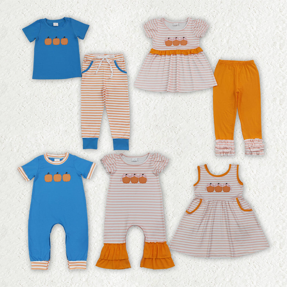 Sibling Baby Kids Embroidery Pumpkins Top Joggers Fall Stripe Set Dress Rompers