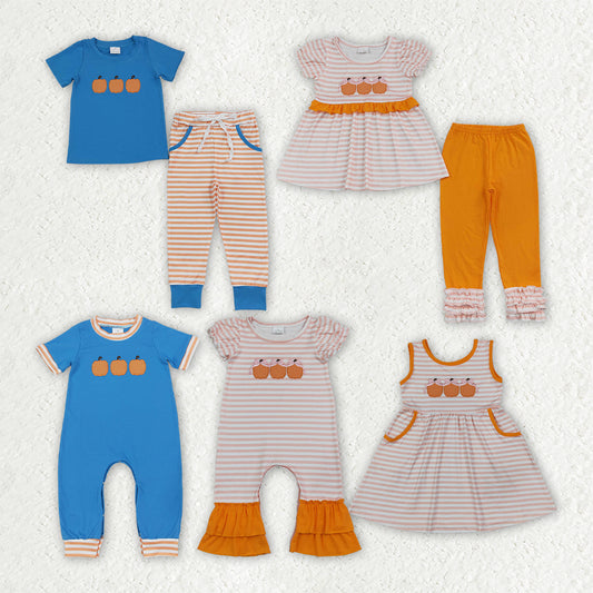 Sibling Baby Kids Embroidery Pumpkins Top Joggers Fall Stripe Set Dress Rompers