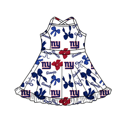 Preorder (moq 5)Baby Girls Bows New York Giants Team Short Ruffle Knee Length Dress
