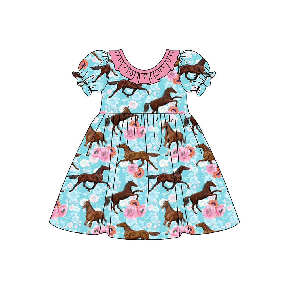 Girls Baby Kids Western Horse Flowers Ruffle Dresses Clothing preorder(MOQ 5)