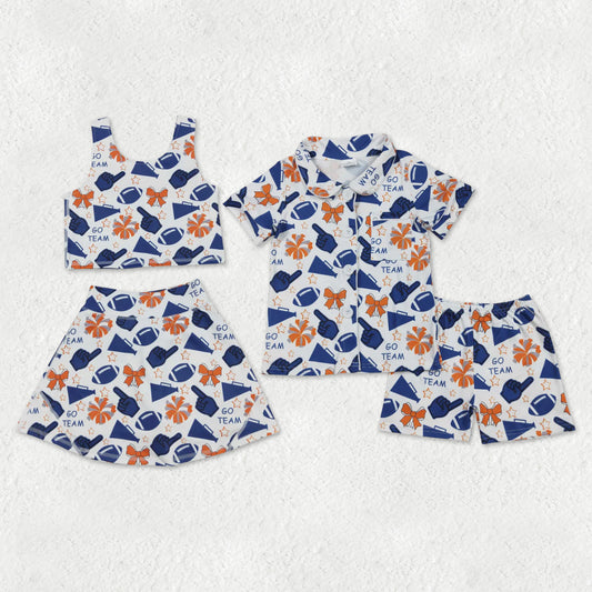 Sibling Baby Girls Hot Blue Go Team Footballs Bows Yoga Set Shorts Pajamas Set