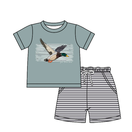 Preorder (moq 5)Baby Boys Mallard Ducks Hunting Blue Shirt Top Stripes Shorts Outfits
