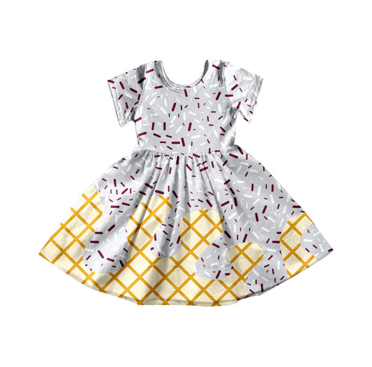 Preorder moq 5 Baby Girls Grey Ice Cream Drips Sprinkles Knee Length Dresses