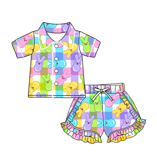 Baby Girls Easter Colorful Rabbits Buttons Top Ruffle Shorts Pajamas Sets preorder(MOQ 5)