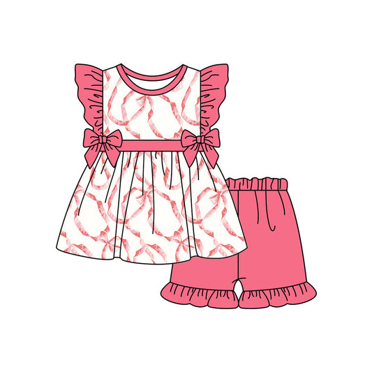 Preorder (moq 5)Baby Girls Pink Bows Tunic Top Ruffle Shorts Clothes Sets