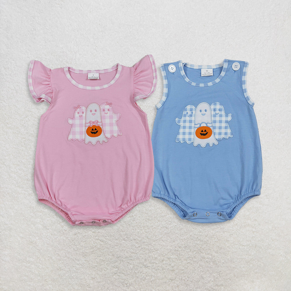 Sibling Baby Boys Girls Embroidery Ghosts Pumpkins Halloween Rompers