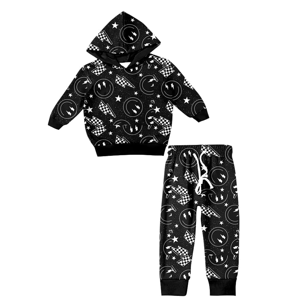 Preorder (moq 5)Baby Girls Black Light Smile Hooded Top Pants Clothes Sets