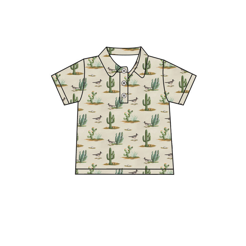 Preorder (moq 5)Baby Boys Short Sleeve Cactus Birds Western Button Polo Shirts Top