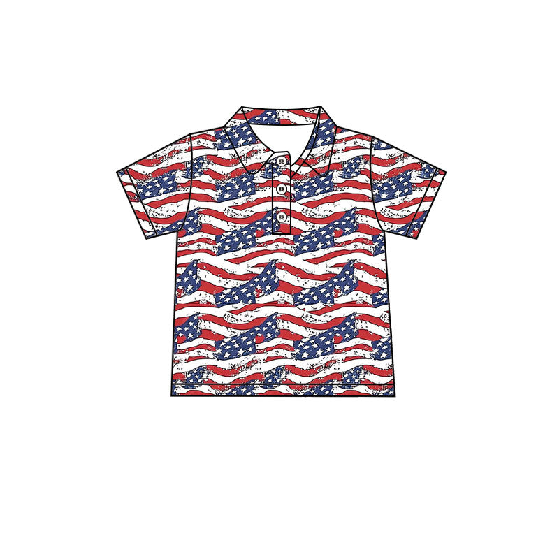 Preorder (moq 5)Baby Boys Short Sleeve Flags Stripe 4th of July Button Polo Shirts Top