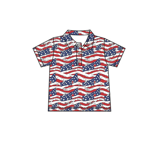 Preorder (moq 5)Baby Boys Short Sleeve Flags Stripe 4th of July Button Polo Shirts Top