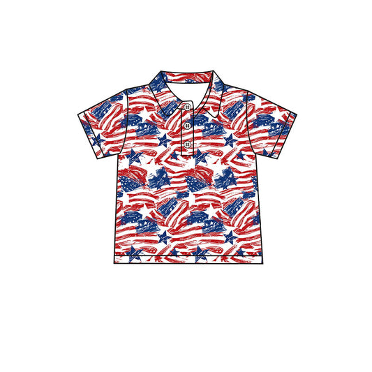 Preorder (moq 5)Baby Boys Short Sleeve Flags Stars Camo 4th of July Button Polo Shirts Top