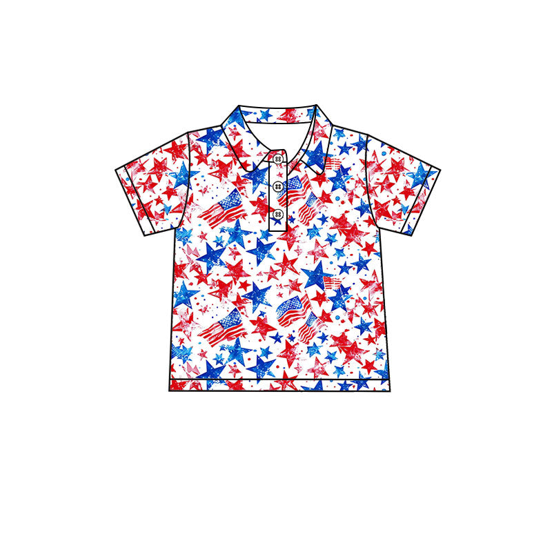 Preorder (moq 5)Baby Boys Short Sleeve Flags Stars 4th of July Button Polo Shirts Top