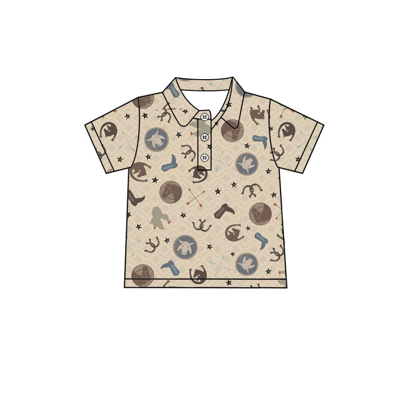 Preorder (moq 5)Baby Boys Short Sleeve Boot Stars Western Button Polo Shirts Top