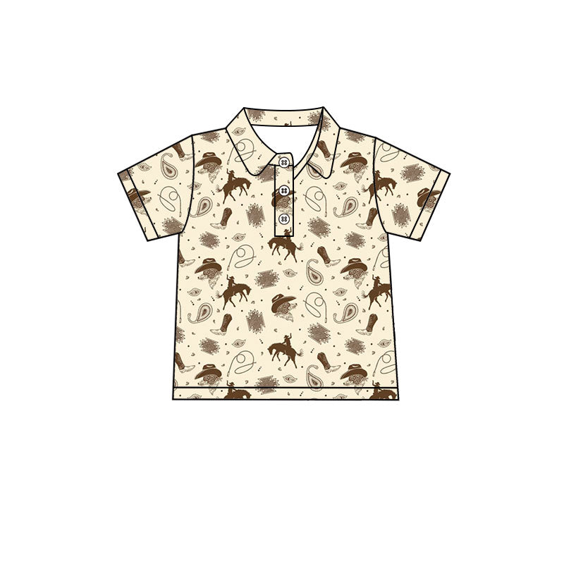 Preorder (moq 5)Baby Boys Short Sleeve Boot Horse Rodeos Western Button Polo Shirts Top