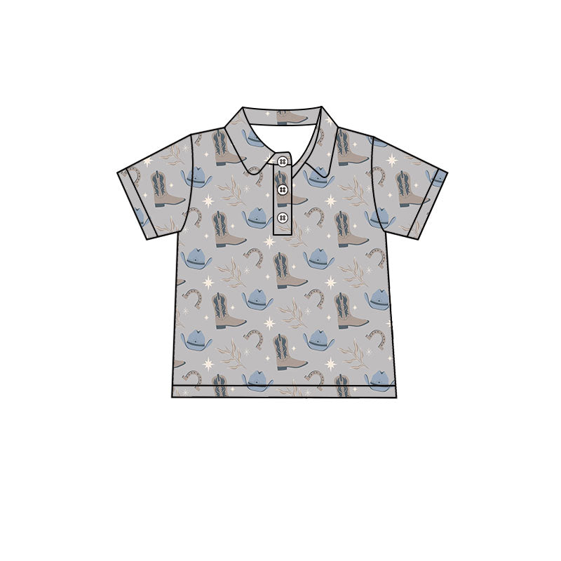 Preorder (moq 5)Baby Boys Short Sleeve Hats Boots Snowflakes Western Button Polo Shirts Top