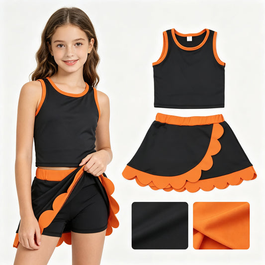 Baby Girls Orange Black Vest Scallop Skirt Short Yoga Active Clothes Set